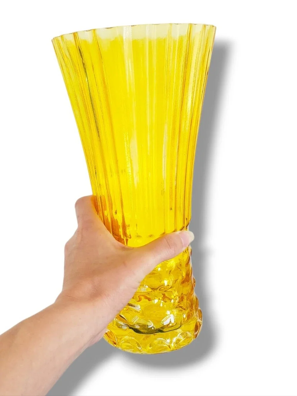 Vintage Amber Glass Fluted Vase Scalloped Rim Mid-Century Style 12” Tall Texture